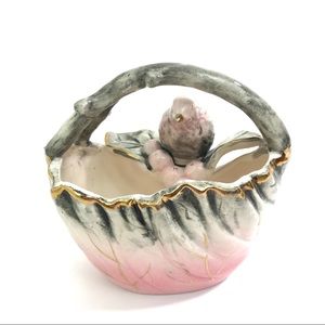 VINTAGE UCAGCO Ceramic BIRD BASKET Pink Gray GOLD